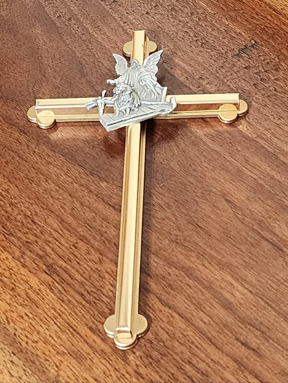 Vtg Camco Brass Pewter Guardian Angel Cross Crucifix Baptism Communion 8.25"